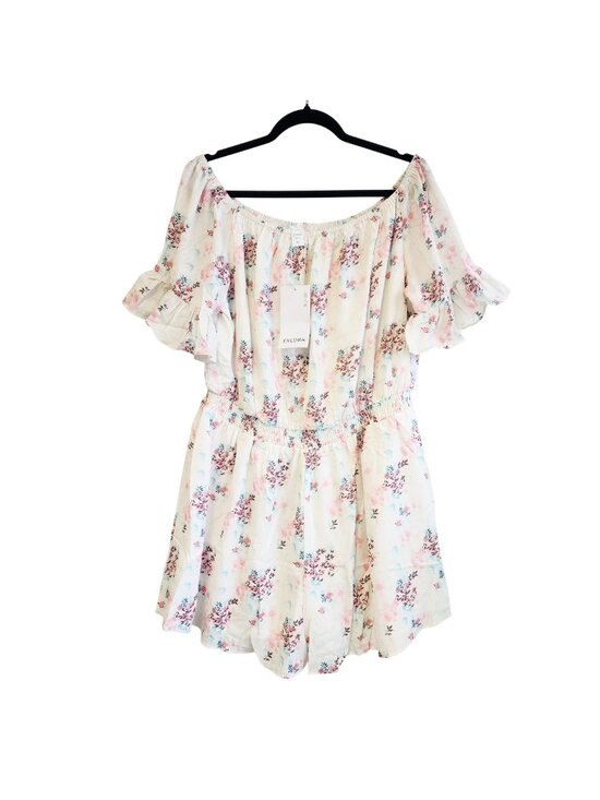 Exlura Pants - Floral Off-Shoulder Short Romper Exlura Elastic Waist White Womens Size XL
